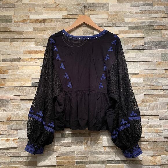 Free People M Boogie All Night Peasant Blouse | Black Lace, Blue Embroidery - Picture 6 of 7